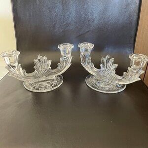 Vintage Fostoria Double Candlestick Navarre Etched Glass Flowers Base